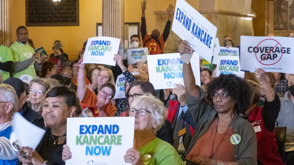 Kansans crowd a Medicaid expansion rally on March 15, 2023, at the Statehouse. (Sherman Smith/Kansas Reflector)